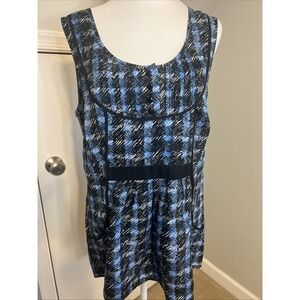 Odille Anthropologie Blue Plaid Silk Cotton Pintuck Tunic Top Size 10 Y2K